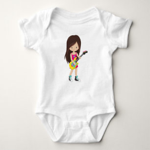 Rock Girl, Brown Hair, Guitar Player, Band, Music Baby Bodysuit