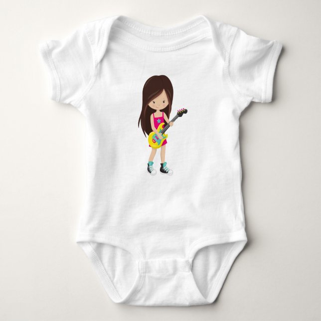 Rock Girl, Brown Hair, Guitar Player, Band, Music Baby Bodysuit (Front)