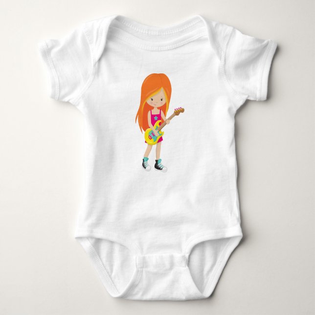 Rock Girl, Orange Hair, Guitar Player, Band, Music Baby Bodysuit (Front)
