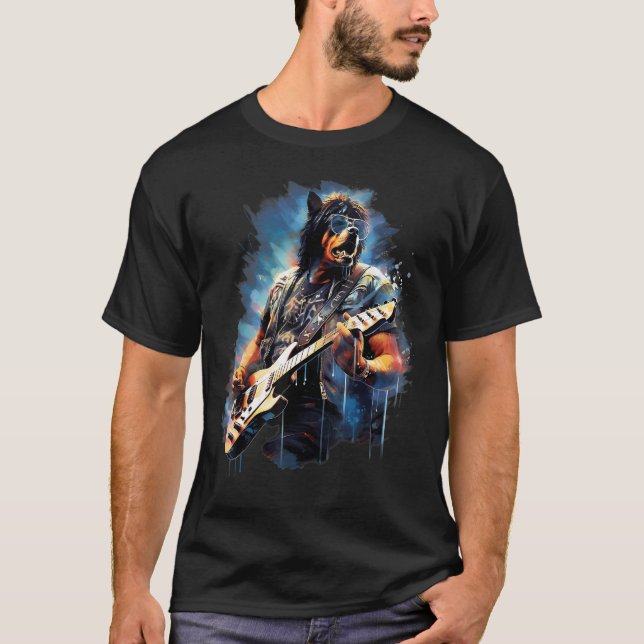 Rock Guitar Rottweiler Dog Guitarist T-Shirt (Front)