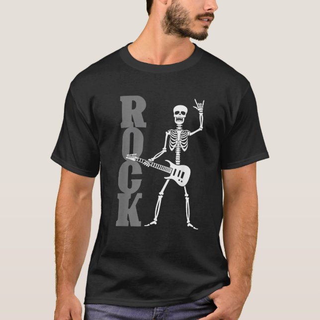Rock Guitar Skeleton Rock And Roll Music Band Men  T-Shirt (Front)