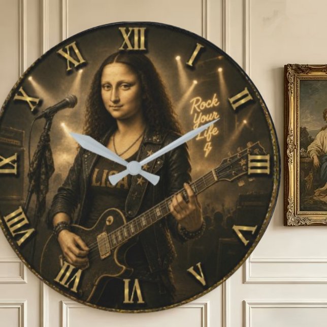 Rock Guitarist Funny Mona Lisa Music Player Gift Large Clock (Creator Uploaded)