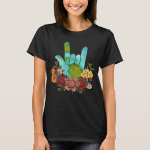 Rock Hand Earth Day Peace Sign Heart Flowers Grap T-Shirt