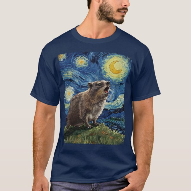 Rock Hyrax Awawa Upset Moon Starry Night Van Gogh T-Shirt (Front)