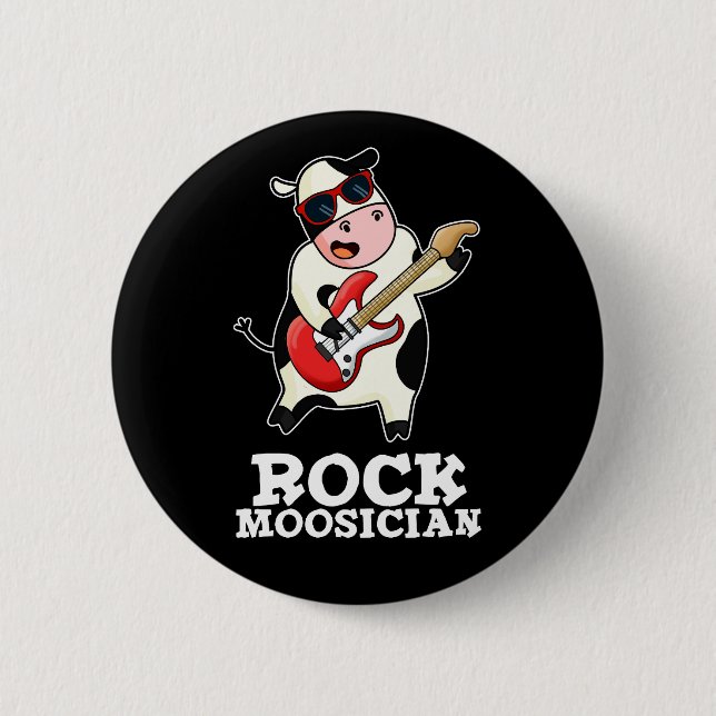 Rock Moosician Funny Cow Musician Pun Dark BG 6 Cm Round Badge (Front)