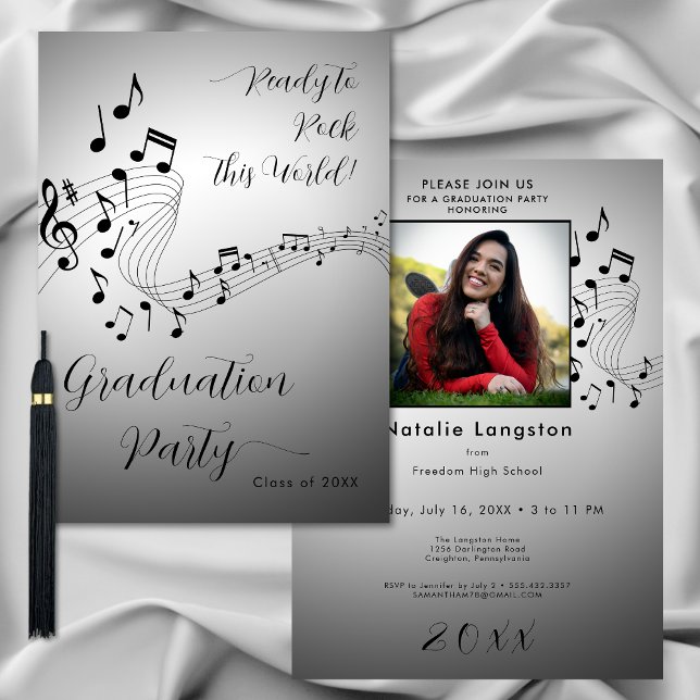 Rock Music Black & White Photo Graduation Party Invitation (Creator Uploaded)