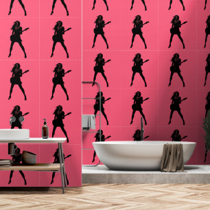 Rock Music Guitar Player Woman Custom Colour Red Wallpaper
