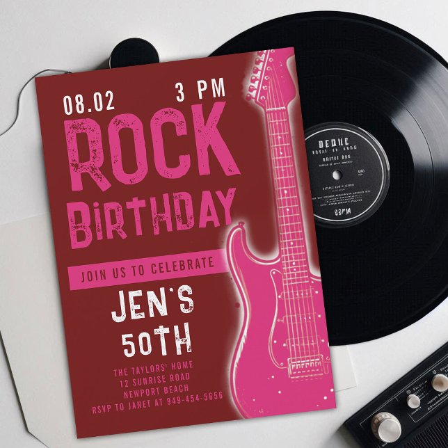 Rock Music Musician Guitar Adult Pink Birthday Invitation (music musician rock adult birthday party invitation women modern fun pink electric guitar modern)