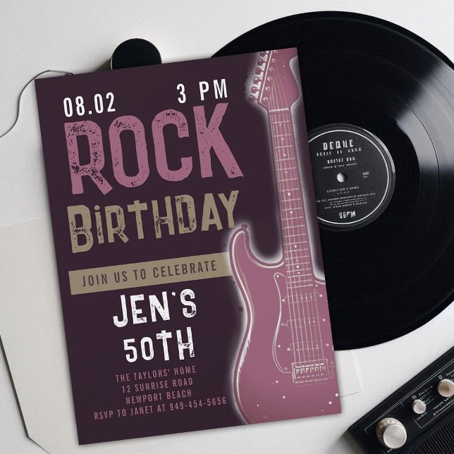Rock Music Musician Guitar Adult Purple Birthday Invitation (music musician rock adult birthday party invitation women modern purple maroon electric guitar)
