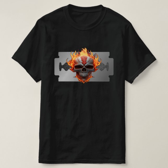 Rock Music Razor Flaming Skull Musicians Guitarist T-Shirt (Design Front)