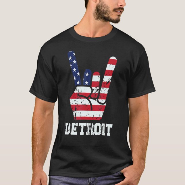 Rock N Roll 4th Of July Rock Hand Detroit American T-Shirt (Front)