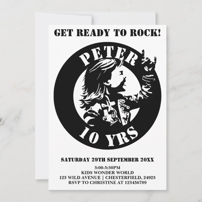 Rock 'n' Roll Boys' Birthday Party Invitation Card (Front)