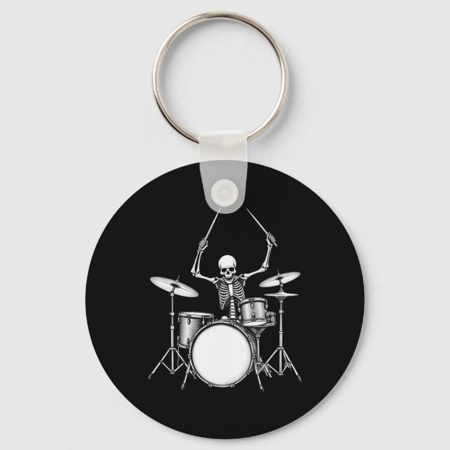 Rock N Roll Drummer Skeleton Playing Drums  Key Ring (Front)