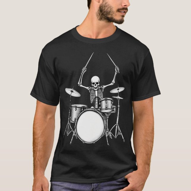 Rock N Roll Drummer Skeleton Playing Drums T-Shirt (Front)