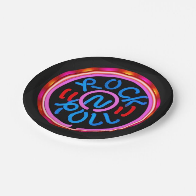 Rock n Roll Music Neon Sign Look Party Plates (Angled)