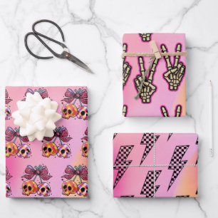 Rock n Roll Pink Skulls Skeleton Hand Halloween Wrapping Paper Sheet