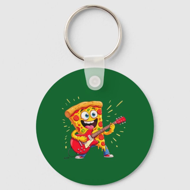**Rock ’n’ Roll Pizza – Funny Guitar-Playing Slice Key Ring (Front)