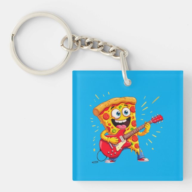 **Rock ’n’ Roll Pizza – Funny Guitar-Playing Slice Key Ring (Front)