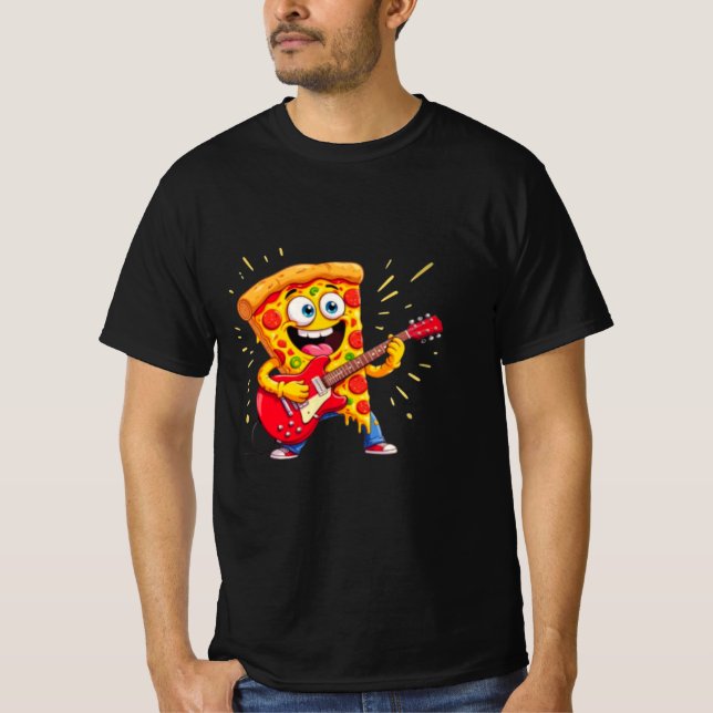 **Rock ’n’ Roll Pizza – Funny Guitar-Playing Slice T-Shirt (Front)