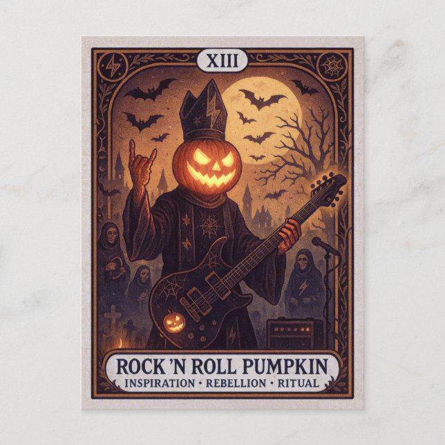Rock 'N Roll Pumpkin Halloween Tarot Postcard (Front)