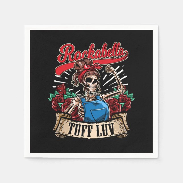 Rock n Roll Tuff Luv Rockabella Girl Skull Roses Napkin (Front)