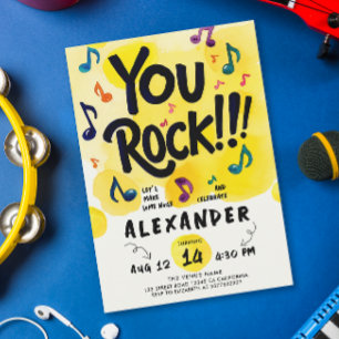 Rock N Roll Yellow Karaoke Party Music Watercolor  Invitation