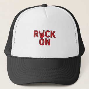 Rock On – Bold Red Typography Music Design Trucker Hat