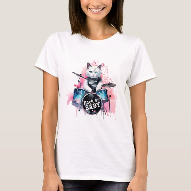 Rock On Drummer Kitty T-Shirt (Front)