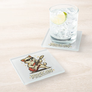 Rock On Guitar Dog Funny Rock Music Glass Coaster