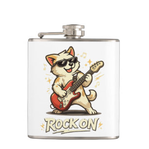 Rock On Guitar Dog Funny Rock Music Hip Flask