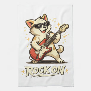 Rock On Guitar Dog Funny Rock Music Tea Towel