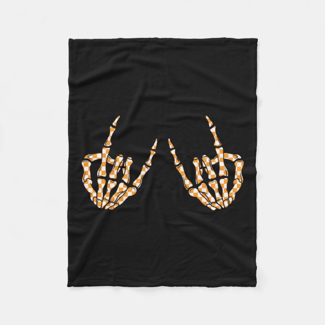 Rock On Halloween Chequered Pattern Skeleton Hand  Fleece Blanket (Front)