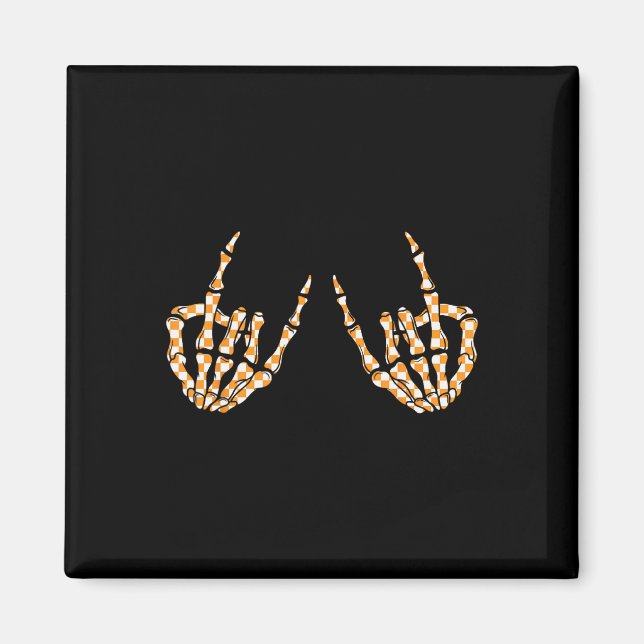 Rock On Halloween Chequered Pattern Skeleton Hand  Magnet (Front)