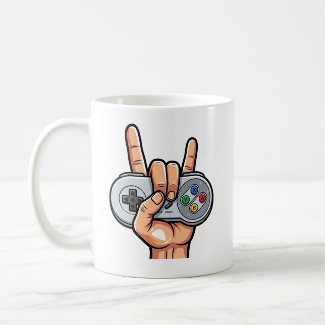 Rock On Retro Controller Gamer Hand Sign Mug (Left)
