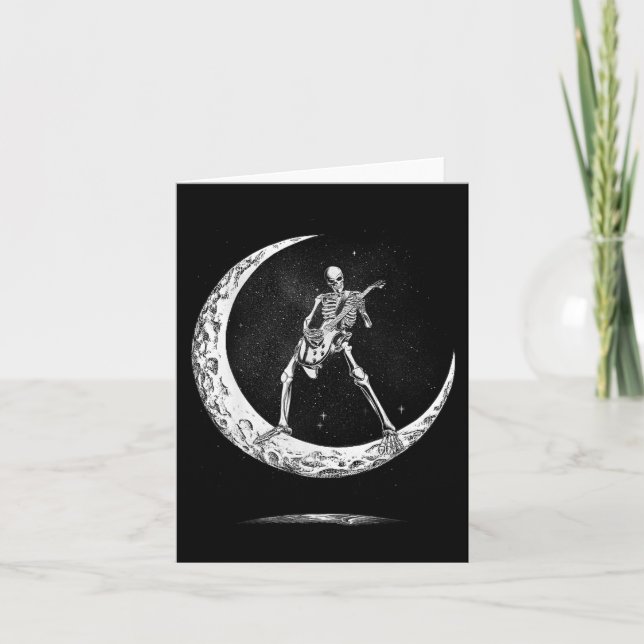 Rock On Skeleton Moon Rock And Roll Funny Hallowee Card (Front)
