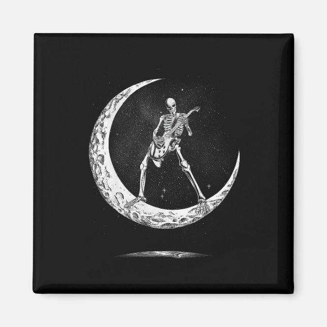 Rock On Skeleton Moon Rock And Roll Funny Hallowee Magnet (Front)