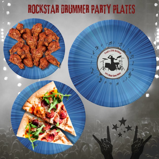 Rock Out with Drummer Birthday Party Paper Plates (Rock Out with Blue Color Burst Drummer Birthday Party Paper Plates)