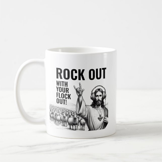 Rock Out with your Flock Out! - Funny Jesus Meme Coffee Mug (Left)
