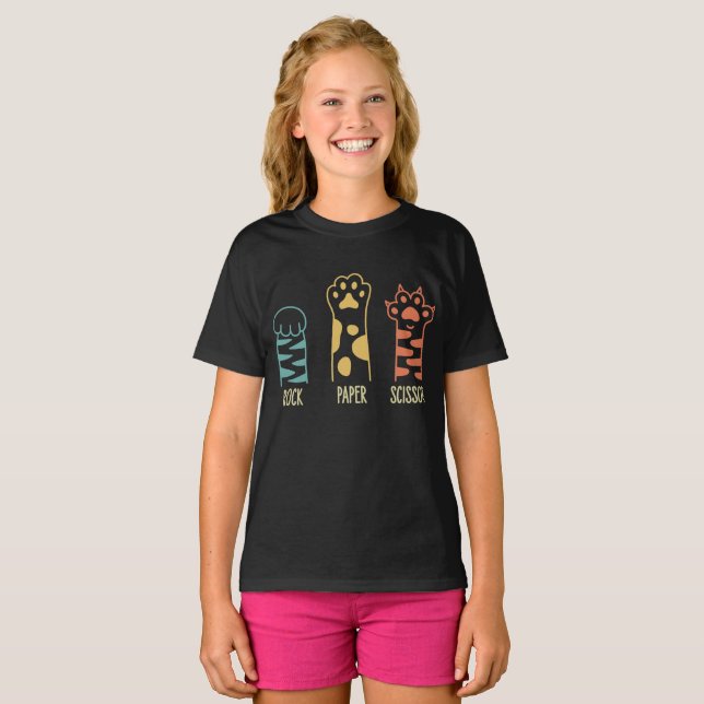 Rock Paper Scissors Funny Cat Paw T-Shirt (Front Full)