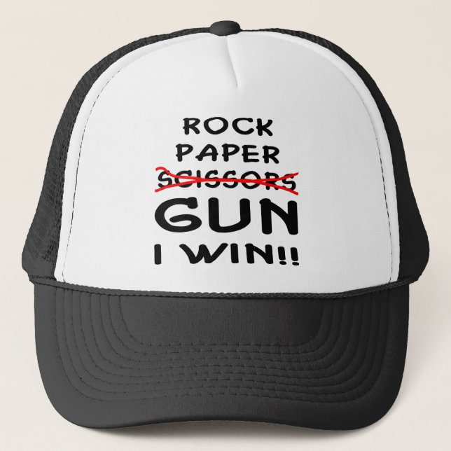 Rock Paper Scissors Gun I Win Trucker Hat (Front)