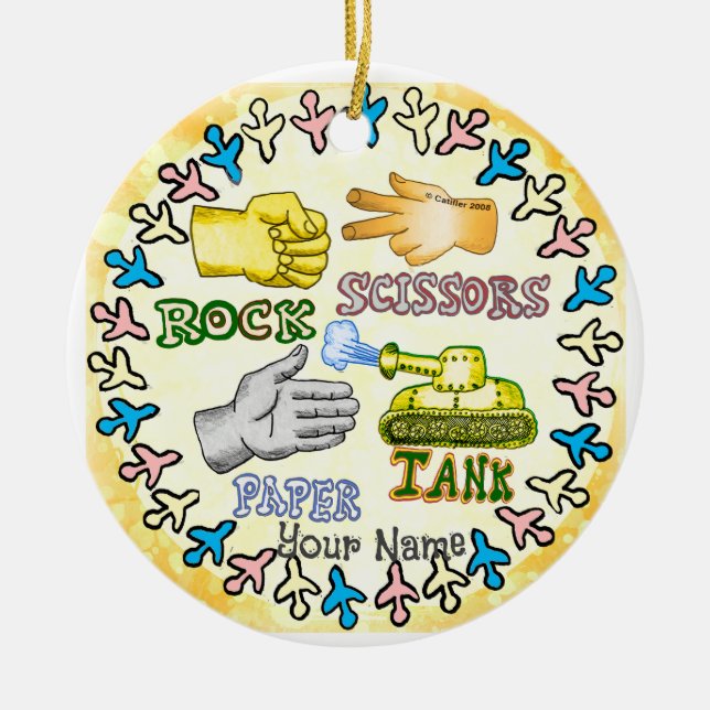 Rock Paper Tank  Ceramic Tree Decoration (Front)