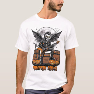 Rock Pumpkin Skull Vintage Engraving Halloween Shi T-Shirt