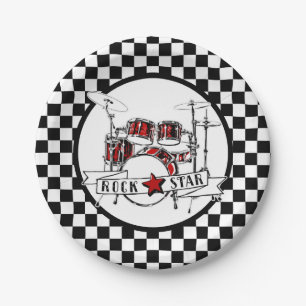 Rock & Roll Drummer Checker Drum Kit Paper Plate