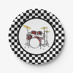 Rock & Roll Drummer Checker Drum Kit Paper Plate