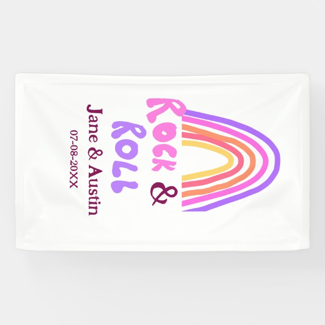 Rock & roll wedding add couple name retro rainbow  banner (Horizontal)