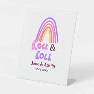 Rock & roll wedding add couple name retro rainbow pedestal sign