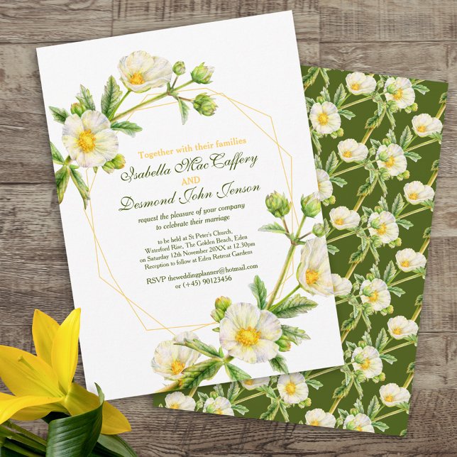Rock rose watercolor art white green wedding invitation (Creator Uploaded)