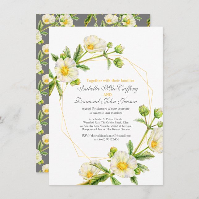 Rock rose watercolor art white yellow grey wedding invitation (Front/Back)