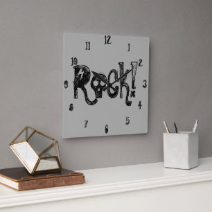 Rock Skull Typography Black Grey Square Wall Clock