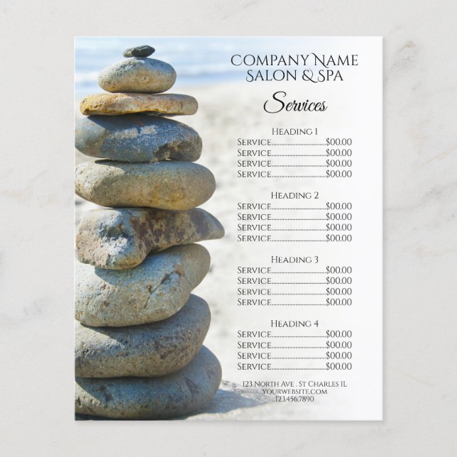 Rock Stack Cairn Spa Salon Services Menu (Front)